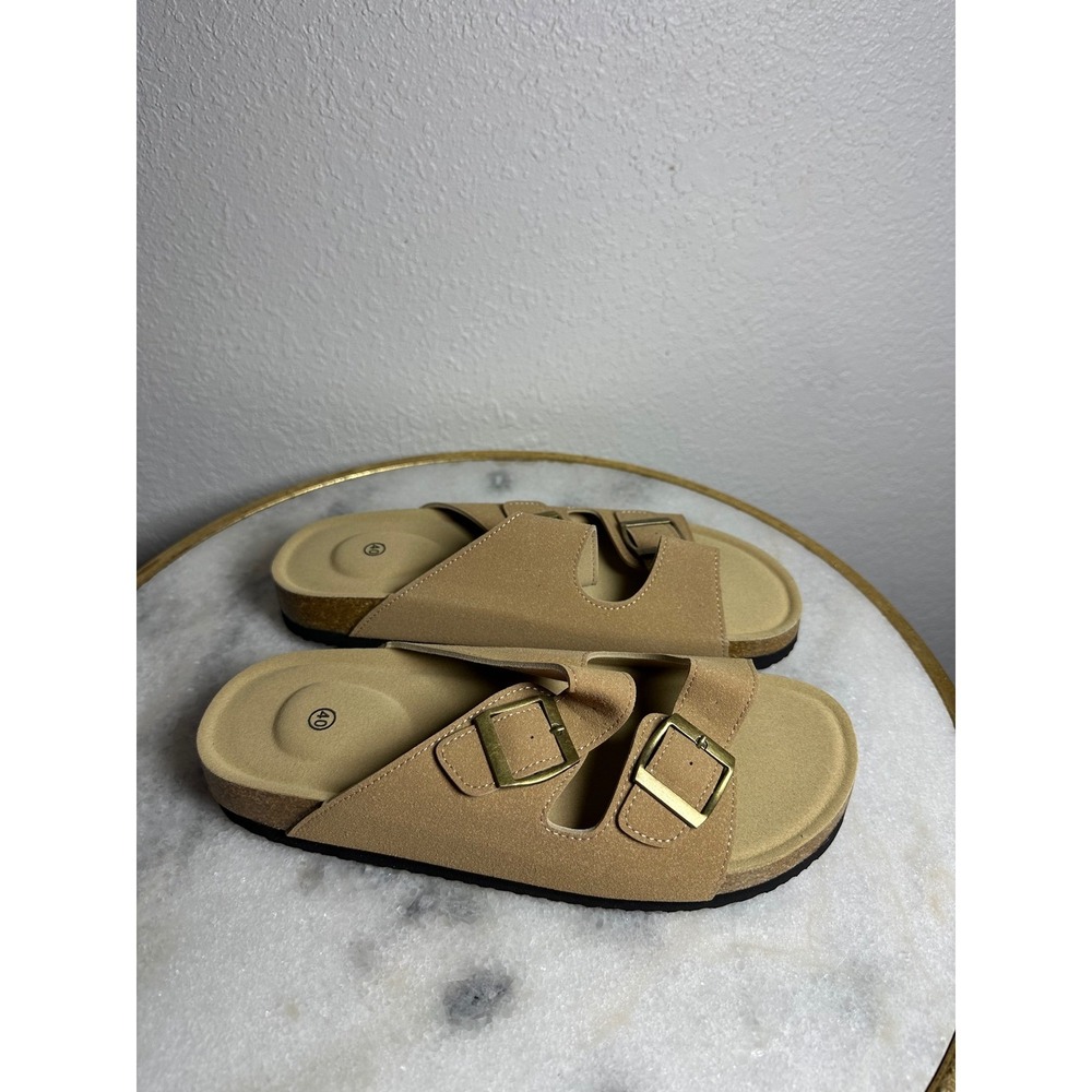 Womens Tan Double Strap Buckle Slide Sandals Cork‎ Footbed
